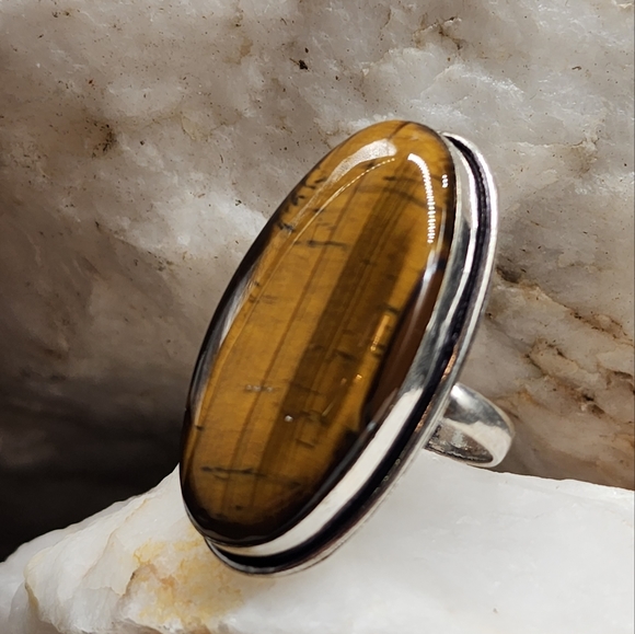 Natural Large Tiger Eye Cabochon Stone White Rhodium/Silver Artisan Ring - Picture 2 of 10